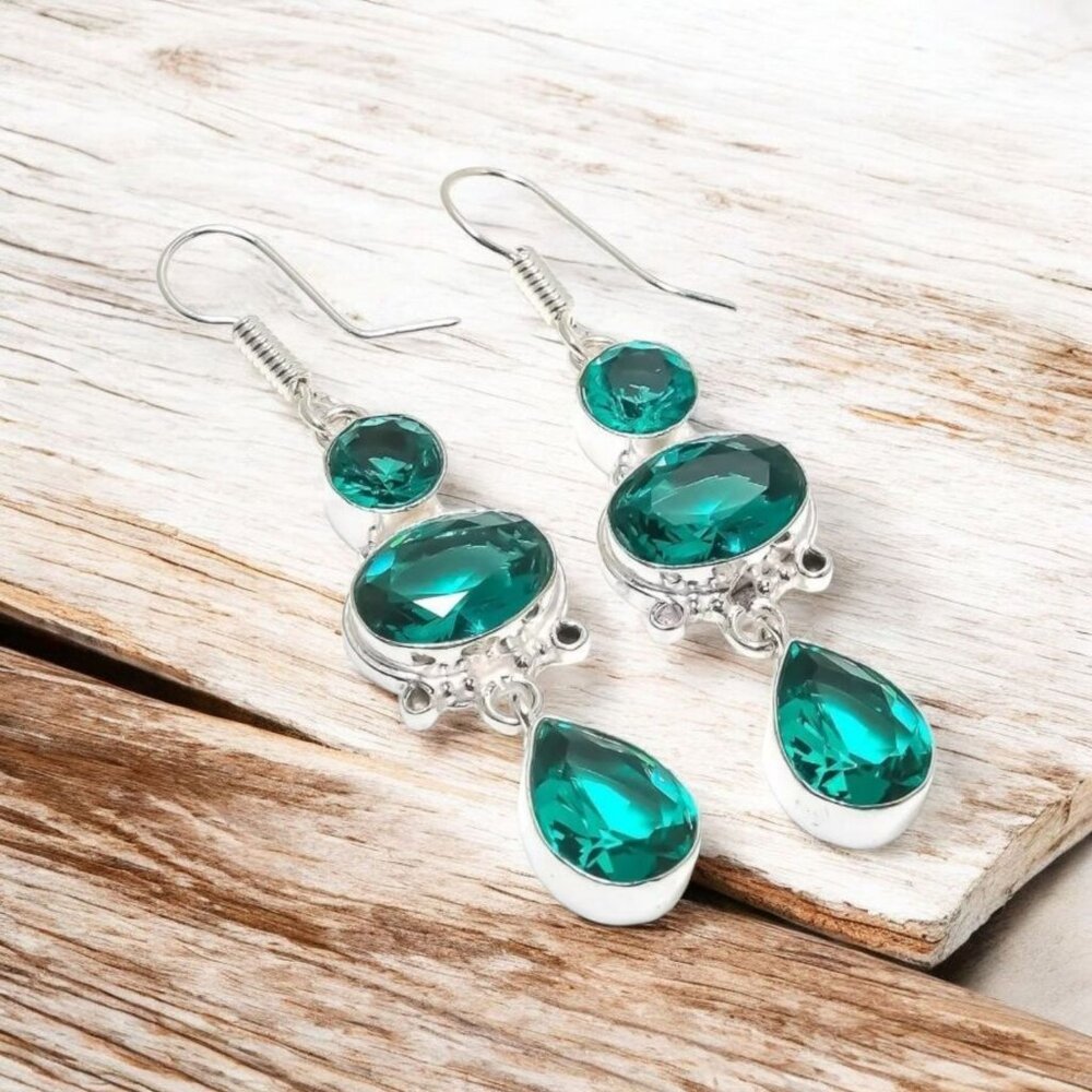 Artisan ✦ Paraiba Tourmaline 3‑Stone Drop Earrings ✦ Sterling Silver Handmade - Picture 7 of 11